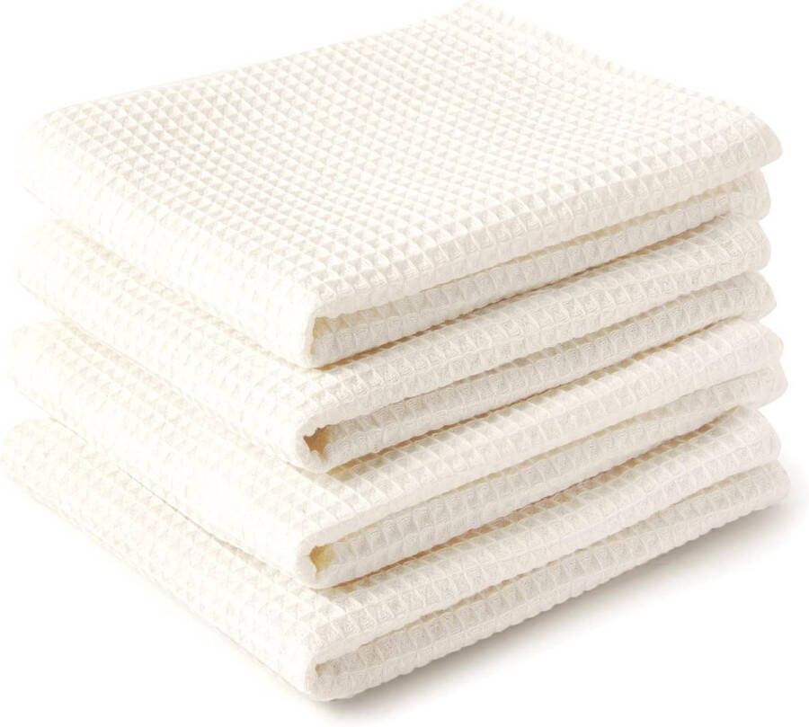 Antibacteriële theedoeken XL 70 x 45 cm (4 stuks) wafeltheedoek zeer absorberend voor het reinigen en snel drogen van borden milieuvriendelijke katoenen glazen Solid Off White