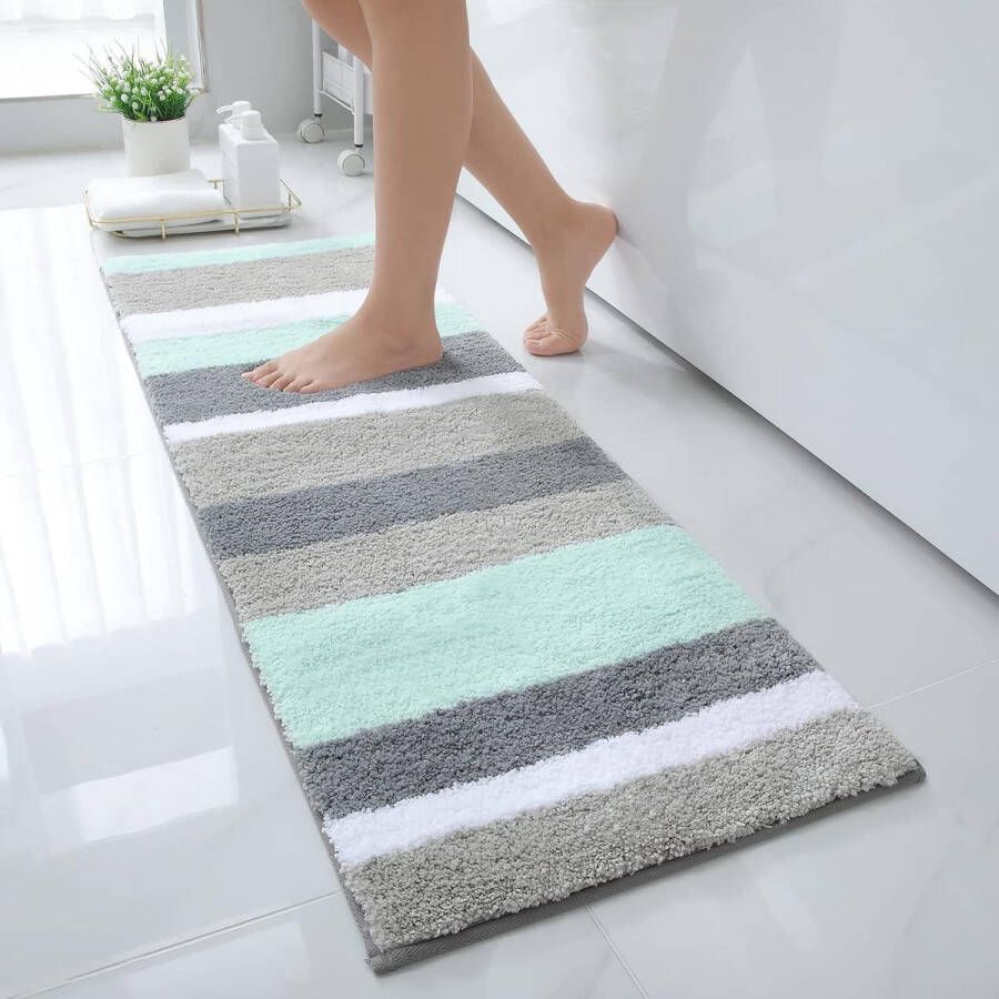 Antislip badkamertapijt Zachte hoogpolige microvezel badmat Absorberende badmatten Wasbare badmat 40 x 120 cm groen grijs