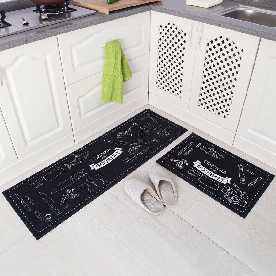 Antislip keukenmat achterkant van rubber voetmat loper tapijt (38 x 119 cm en 38 x 58 cm) 2 stuks Cozinha (zwart)
