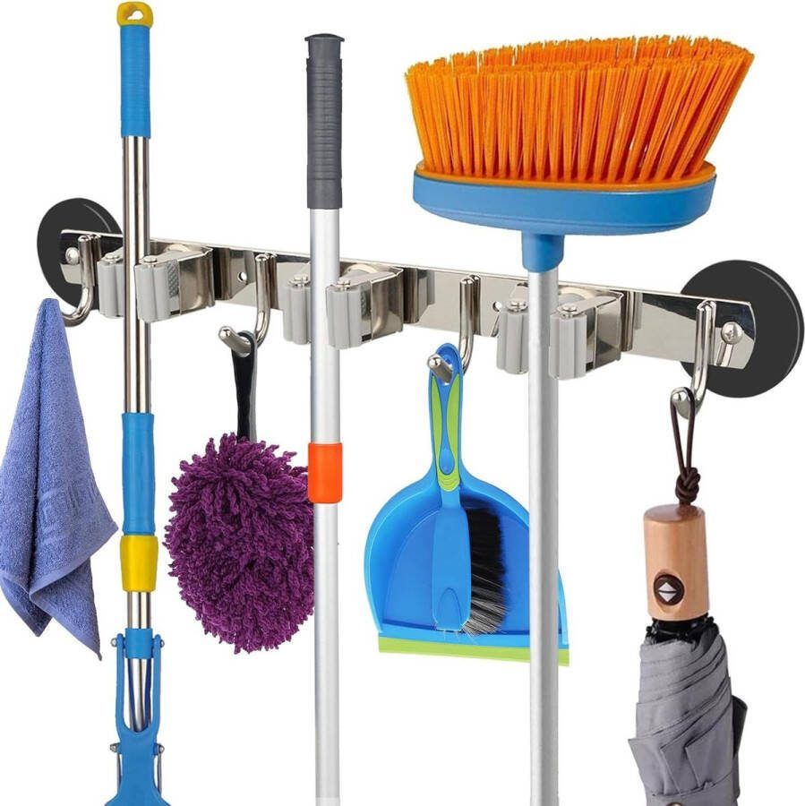 Antislip magnetische bezemhouder zware duty bezem en dweilhanger metalen gereedschapshouder 3 rekken 4 haken wasgoed garage keuken werkplaatsen organisatie opslag (1 set)