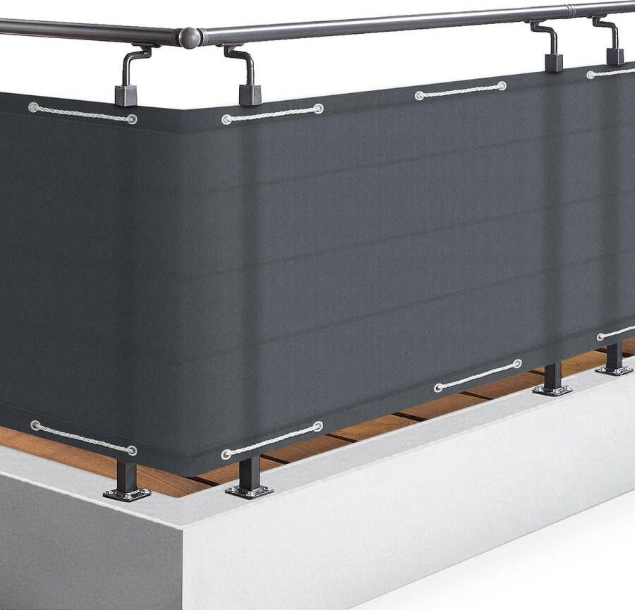 Antraciet Balkonscherm 90x500 cm Ondoorzichtige PES Windscherm met Bevestigingsoogjes en Koord Waterafstotend & UV-Bestendig Geschikt voor Balkon Tuin en Terras