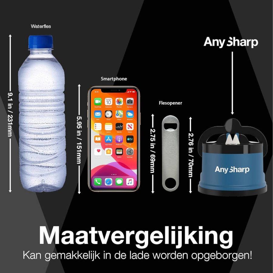 AnySharp Messenslijper Handsfree Veiligheid PowerGrip Zuigkracht Veilig Slijpen van Alle Keukenmessen Ideaal voor Gehard Staal & Kartel Compact Blauw