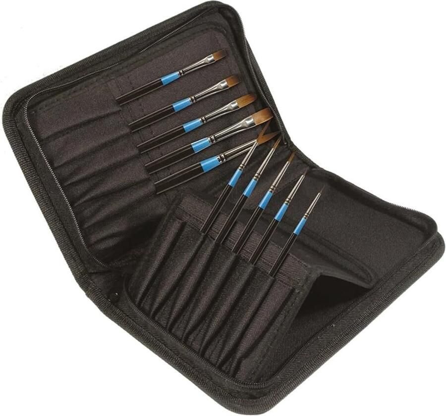 Aquafine Watercolor Gouache Soft Synthetic Sable Hair Brush Set Zip Short Handle 10 Different Brushes Professional Artists
