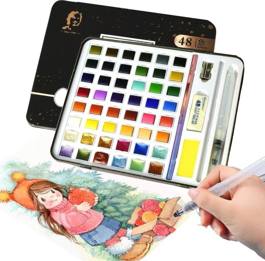Aquarelverf 48 kleuren (met waterpenseel) Gemakkelijk aan te brengen Eenvoudig weer te geven Geschikt voor volwassenen en kinderen Verwijderbaar aquareletui Bevat 12 metallic elementen -Verpakt in een metalen doosje