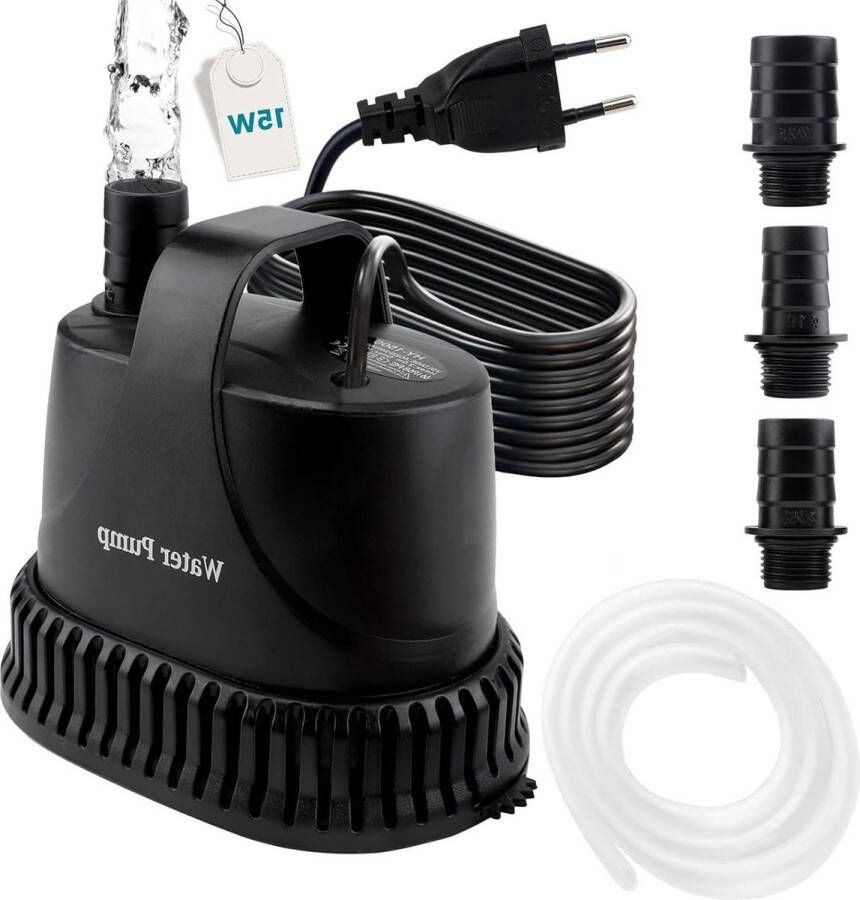 Aquariumpomp dompelpomp 800 l u 15 W 230 V transportpomp mini-waterpomp fonteinpomp filterpomp ultra stille opvoerhoogte 18 m 2 m kabel 2 sproeiers slang