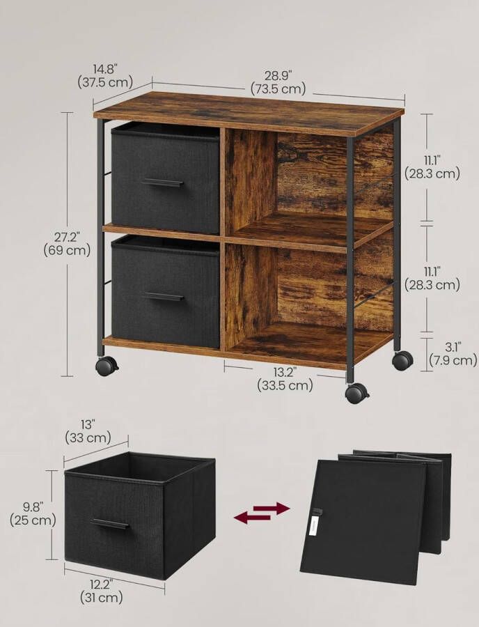 Archiefkast kantoorkast met 2 stoffen laden eenvoudige montage open planken voor documenten in A4-formaat letterformaat thuiskantoor vintage bruin-inktzwart