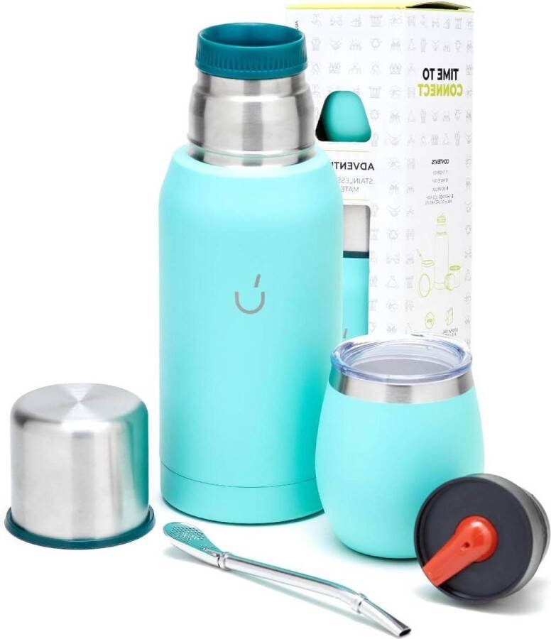 Argentijnse Yerba Mate Set Van 6 Stalen Mate Beker met Deksel Inclusief Thermosfles Aqua Blue Yerba Mate Cup