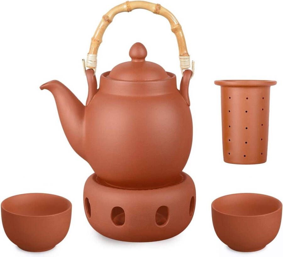 Aricola handgemaakt theeservies Tenno bestaande uit de klei-theepot 1 6 liter inclusief zeef bamboe handvat toncups en stoofjes origineel