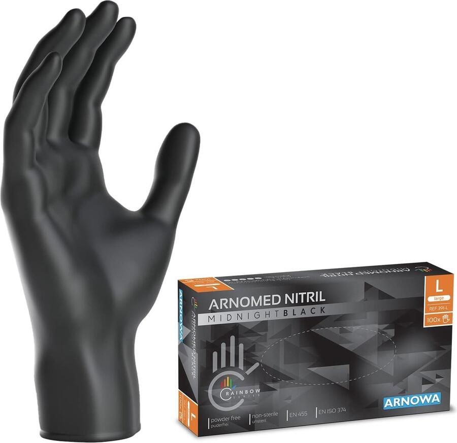ARNOMED wegwerphandschoenen zwart nitril handschoenen L 100 stuks per doos poedervrij & latexvrij verkrijgbaar in maat XS S M L XL & XXL