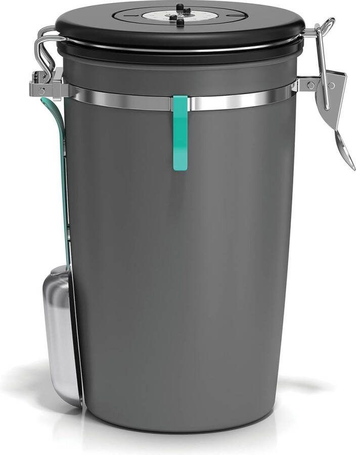 Aromadicht koffieblik bewaardoos met CO2-ventiel en magnetische doseerlepel grijs large