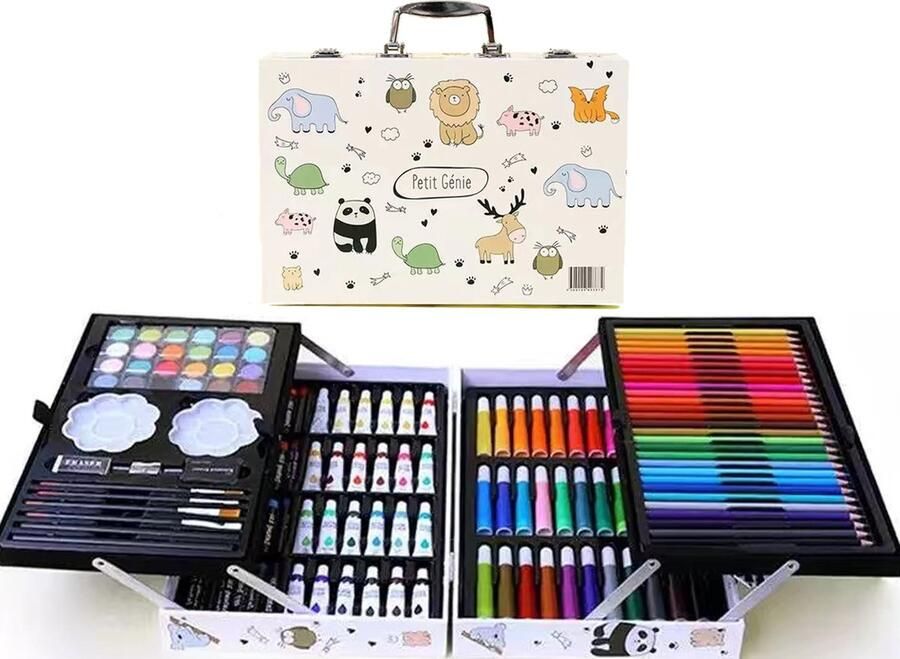 Art Tekendoos-Tekenset-Tekenkoffer Set -Kleurkoffer voor kinderen-knutselpakketten-schilderskoffer-200-Delige Tekenpakketten Schilderset -Wit Paard Meisje-Aquarel-Verf Krijt Stiften Waskrijt Oliepastels Kleurpotloden en Toebeho