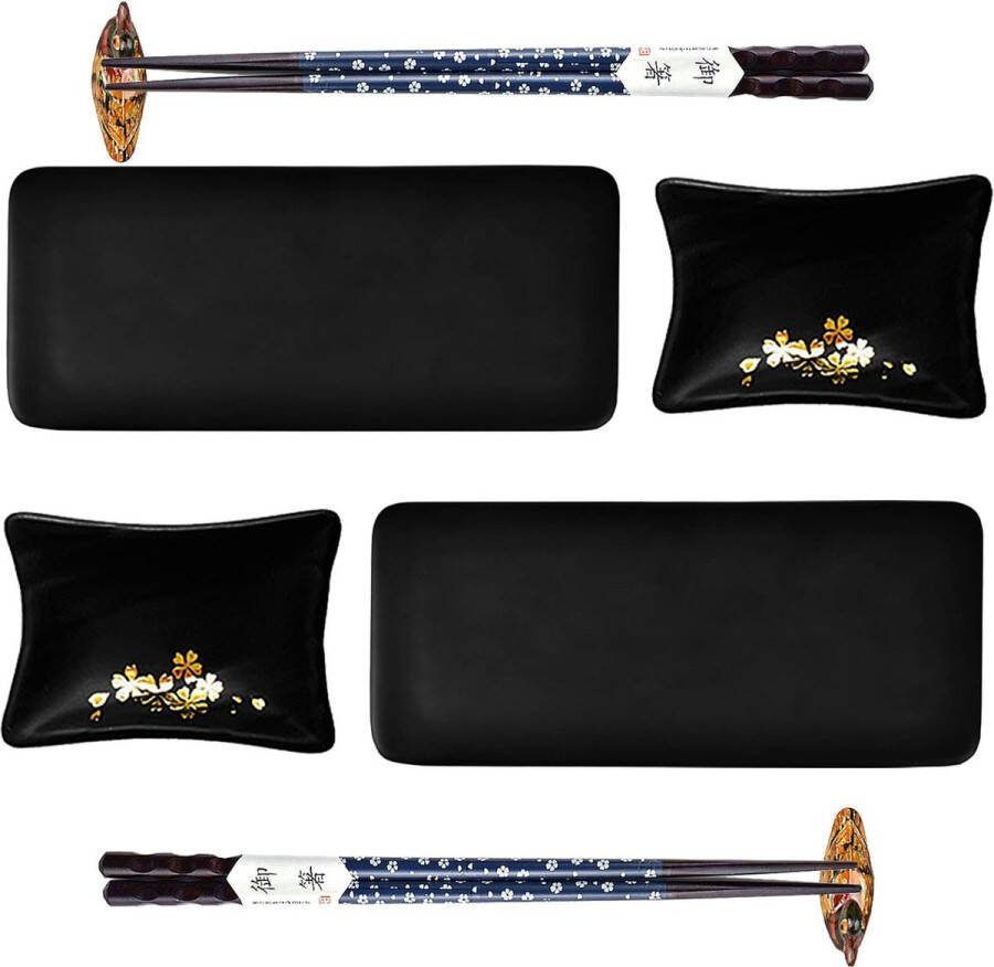 Artcome 8-delige Japanse stijl keramische sushibord servies set met 2 sushi-borden 2 sausgerechten 2 paar eetstokjes 2 eetstokjeshouders
