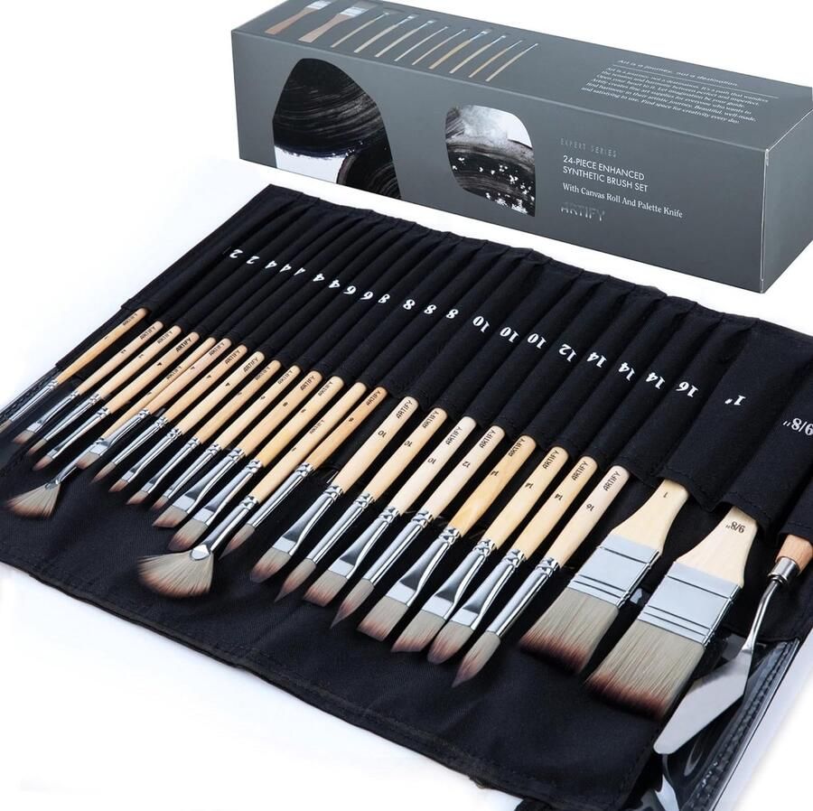 ARTIFY 24-delige penselenset expert-serie verbeterde synthetische kwastenset met doekrol voor acryl olie aquarel en gouache (berk)