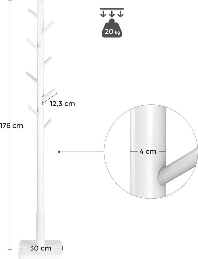 ASAGLE kapstok kledingrek massief hout vrijstaand boomvorm 8 haken voor jassen hoeden tassen entree gang haken en leuning van rubberhout wit RCR010W02