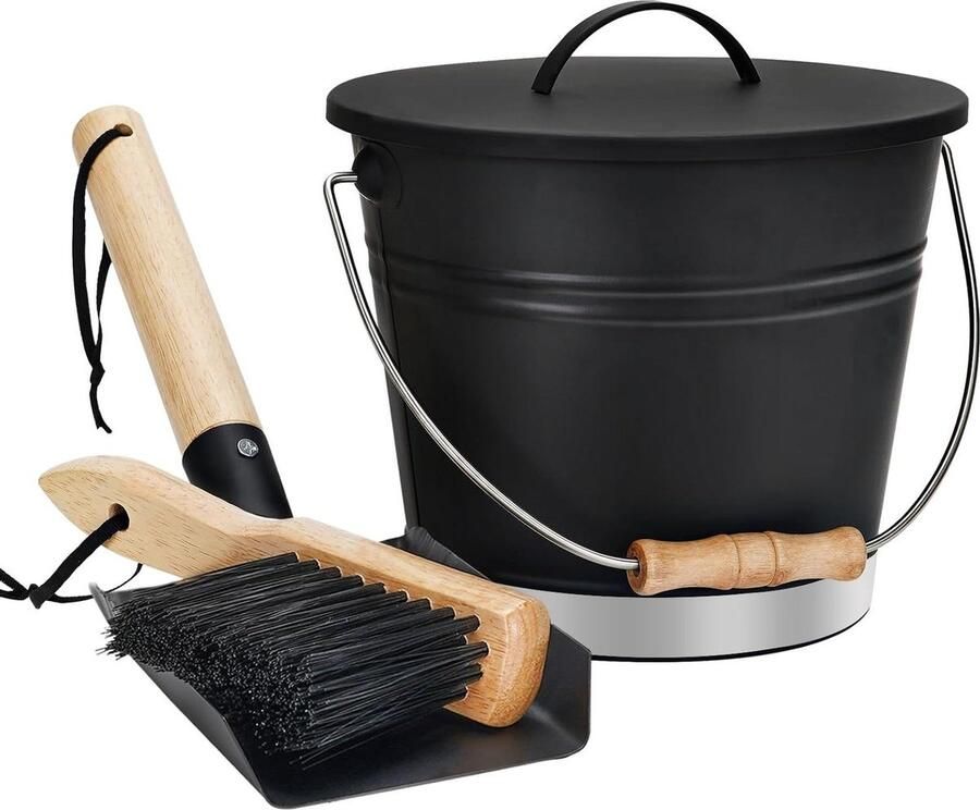 Asemmer met deksel schop en handbezem gegalvaniseerde stalen metalen houtskoolcontainer kolenemmer met handvat gereedschapsset accessoires voor open haard binnen en buiten vuurplaats