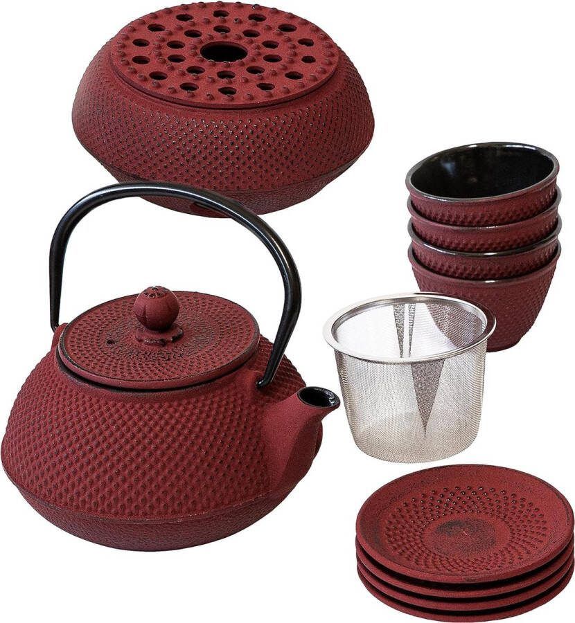 Asia-theepotset rood premium handwerk van gietijzer Japanse theepot in set (onderzetter stoofje 4 bekers zeefinzetstuk) thee-cadeauset traditioneel Japans theeservies