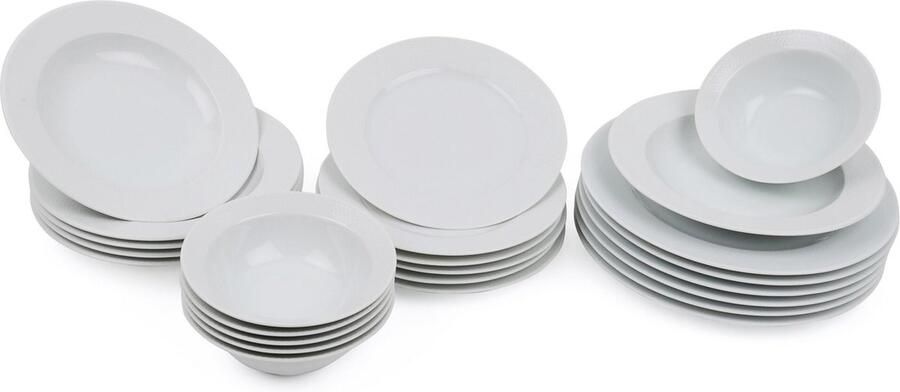Asir Serviesset Dinerset (24 stuks) Wit 22x2x22 Serveerbord: 22x22x2 (6 stuks) Bord: 20x20x2 cm (6 stuks) Kom: 14x14x5 cm 280 cc (6 stuks) Dessertbord: 18x18x2 cm (6 stuks) Vaatwasserbestendig. Microgolfoven veilig. 100% PORSELEIN
