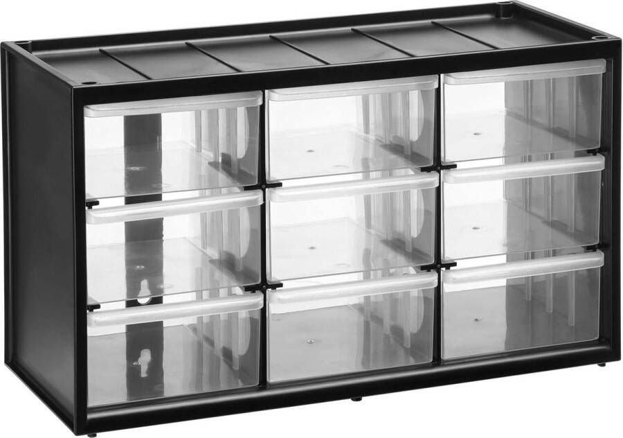 Assortimentsdoos 36.5x21.3x155 cm negen laden onbreekbaar kunststof frame transparante schuifladen wandmontage opbergbox gereedschapskist. sorteerkast