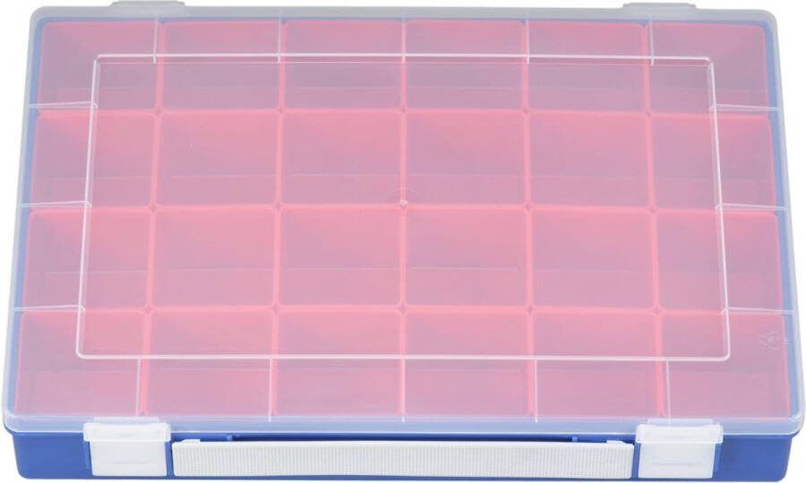Assortimentsdoos PP-Premium met 24 inzetdozen draaggreep stabiele sorteerbox voor schroeven en andere kleine onderdelen uitneembare inzetstukken 22 5 x 33 5 x 5 cm blauw