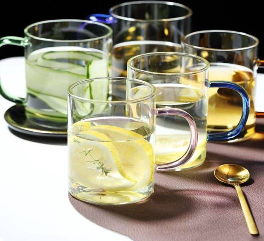 Aulica Set van 6 koffieglazen theetassen in borsilicaat glas en gekleurd handvat 40cl