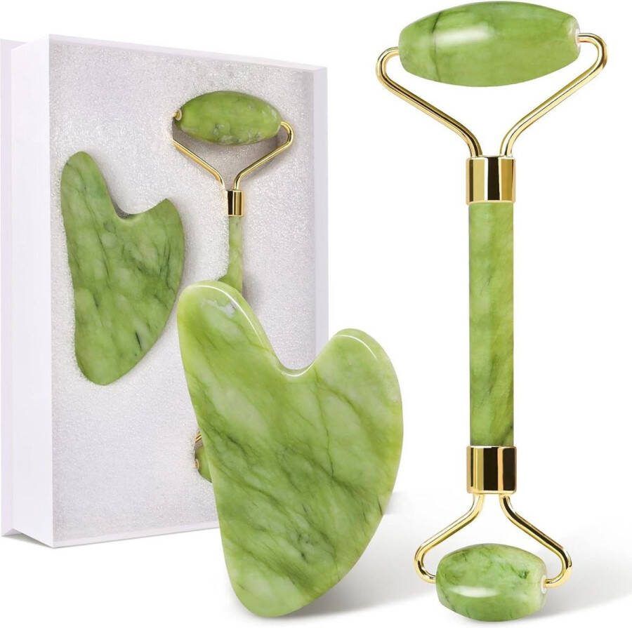 Authentic Grade A Jade Roller and Gua Sha Set Authentieke Grade A Jade Roller en Gua Sha Set