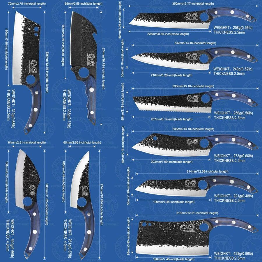 Authentiek Sinds 1986 10 Stukken Keukenmes Set Met Blauwe Roll Bag Schaar Honing Staal wetsteen Grote Slager Mes Set Gesmede Mes Set Volledige Tang Handvat Hoog Koolstofstaal