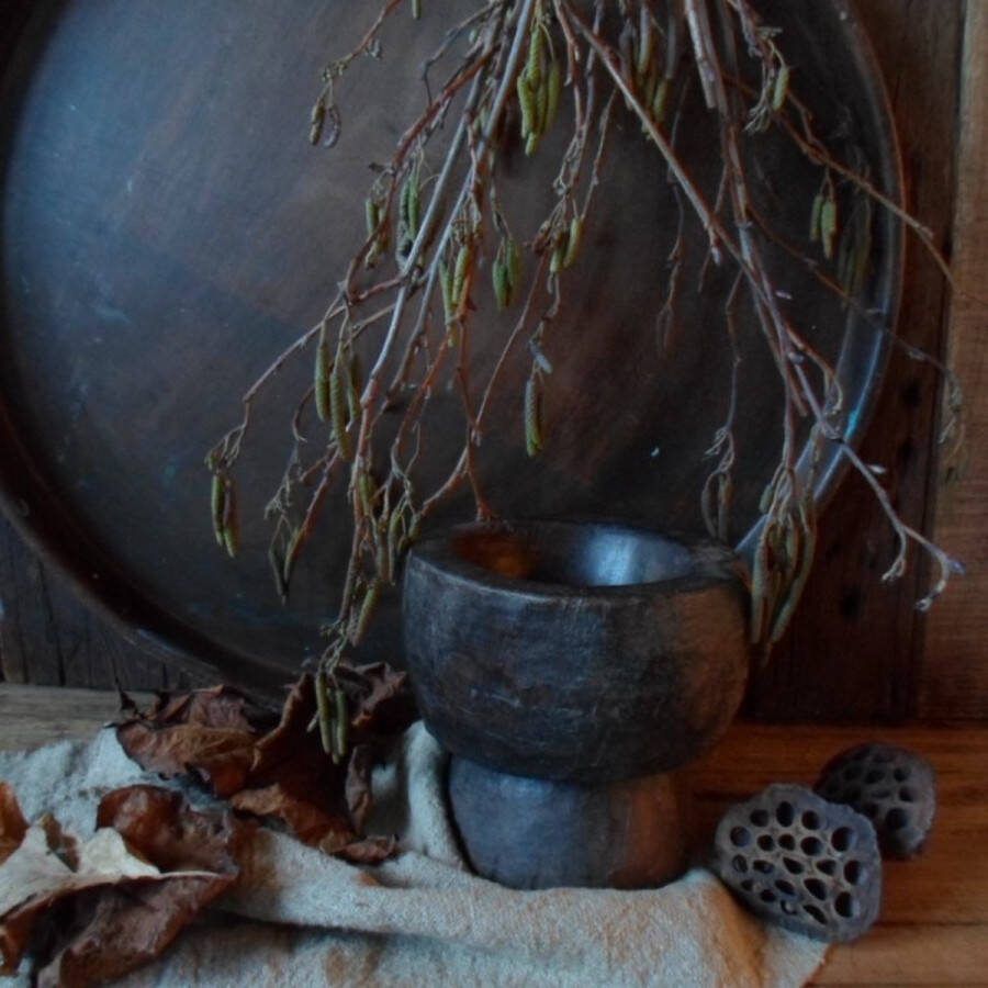 Authentieke houten vijzel oude houten vijzel ook mooi als kaarsenhouder