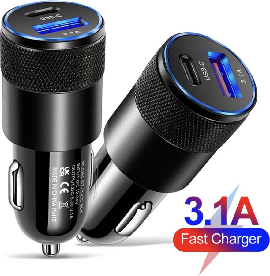 Autolader USB A & USB C Auto oplader USB C Snellader 3.1A USB C autolader 2 poorten Auto lader Sigarettenaansteker USB oplader auto Super fast charger Snellader