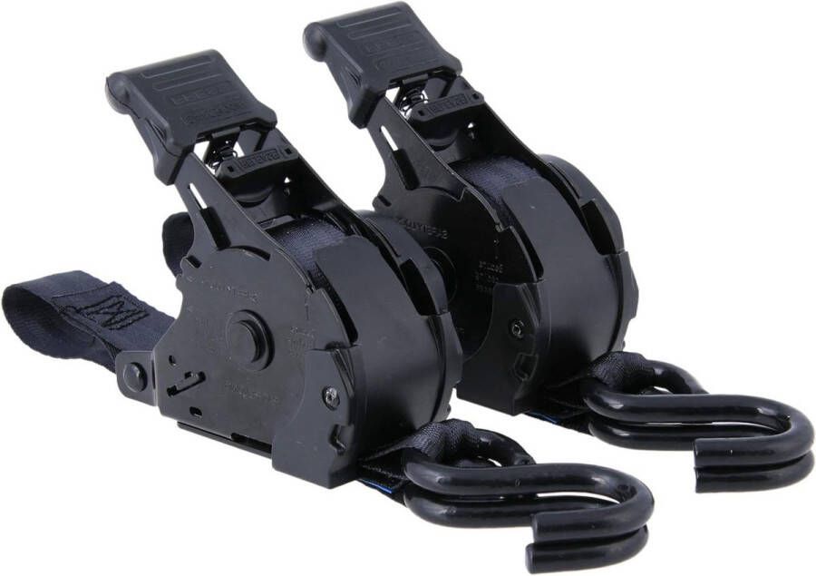 Automatisch oprolbare spanbanden set van 2 S-haken 365 m lang 25 mm breed LC 340 daN ratelbanden oprolmechanisme Spanbanden met ratel