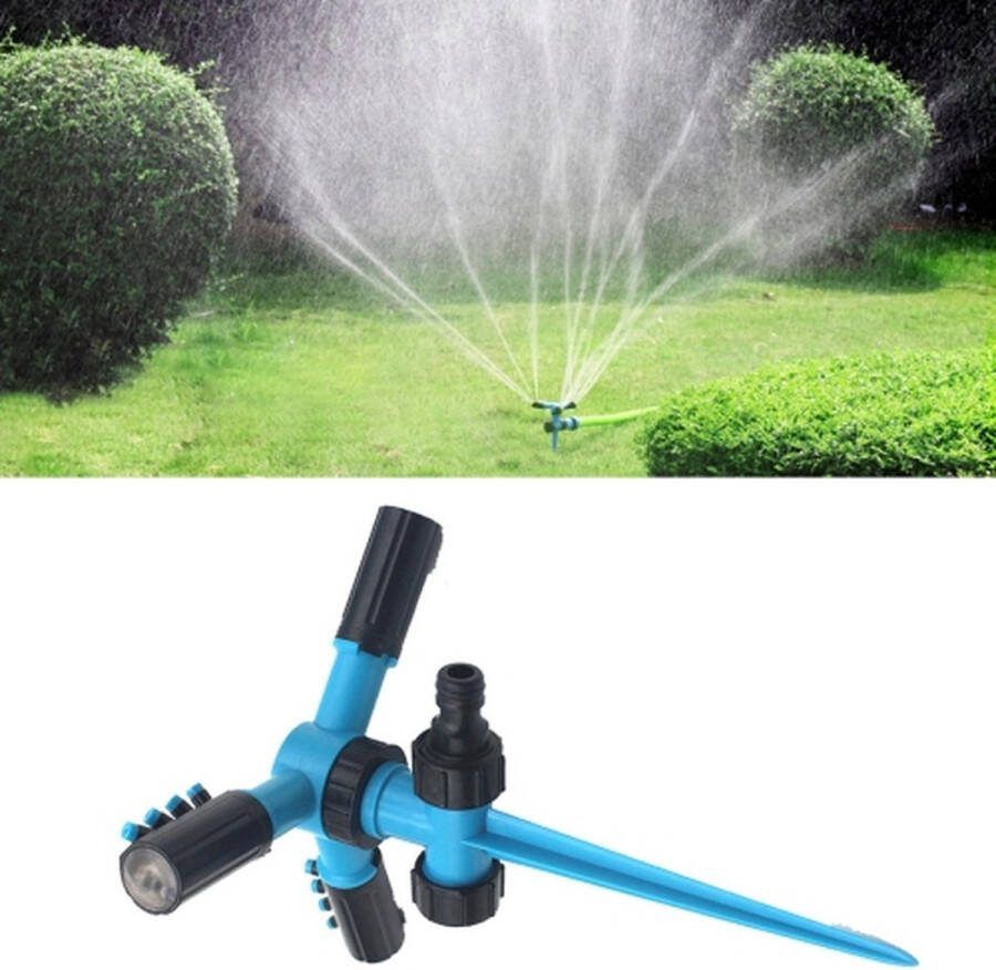 Automatische 360 roterende verstelbare tuinwatersproeiers Gazonirrigatiesysteem met 3-armige sproeiers en spike-basis (blauw)