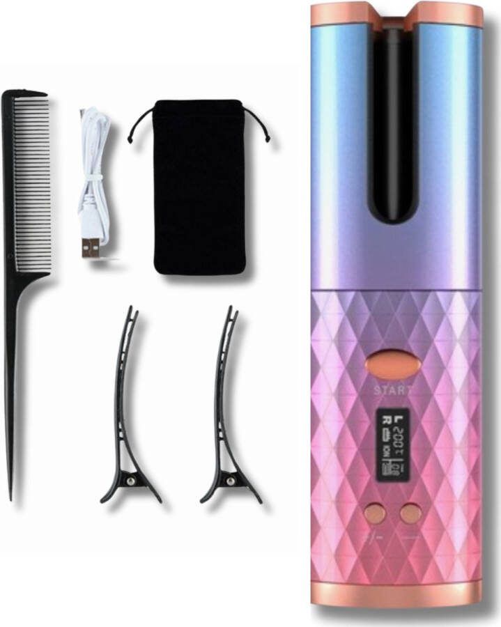Automatische Haar Krultang roze blauw Gewicht: 486 gram Temperatuurstanden: 6 (150°C 160°C 170°C 180°C 190°C 200°C) 2 Krulrichtingen: L R Certificatie: CE RoHS