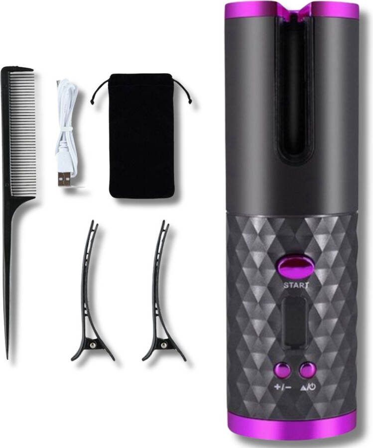Automatische Haar Krultang Roze grijs Gewicht: 486 gram Temperatuurstanden: 6 (150°C 160°C 170°C 180°C 190°C 200°C) 2 Krulrichtingen: L R Certificatie: CE RoHS