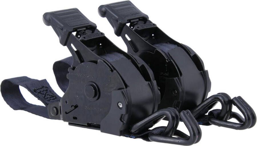 Automatische spanbanden set 365m lang met spitse haak en zelfoprollende functie 25mm brede ratelbanden belastbaar tot 340kg DIN EN 12195-2 Zwart met ratel