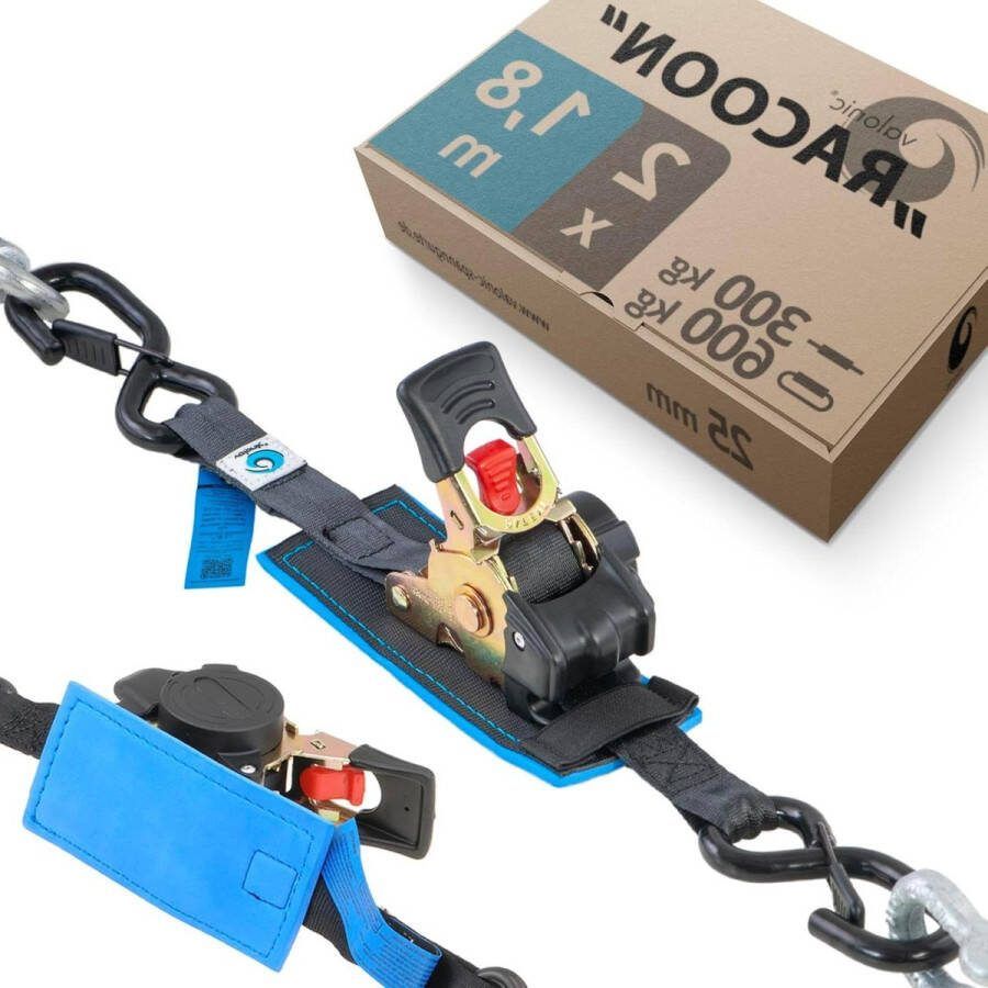 Automatische spanriem met ratel en haak 18m gewatteerd EN-12195-2 300 Kg zwart spanband voor motorfietsen set van 2 25mm