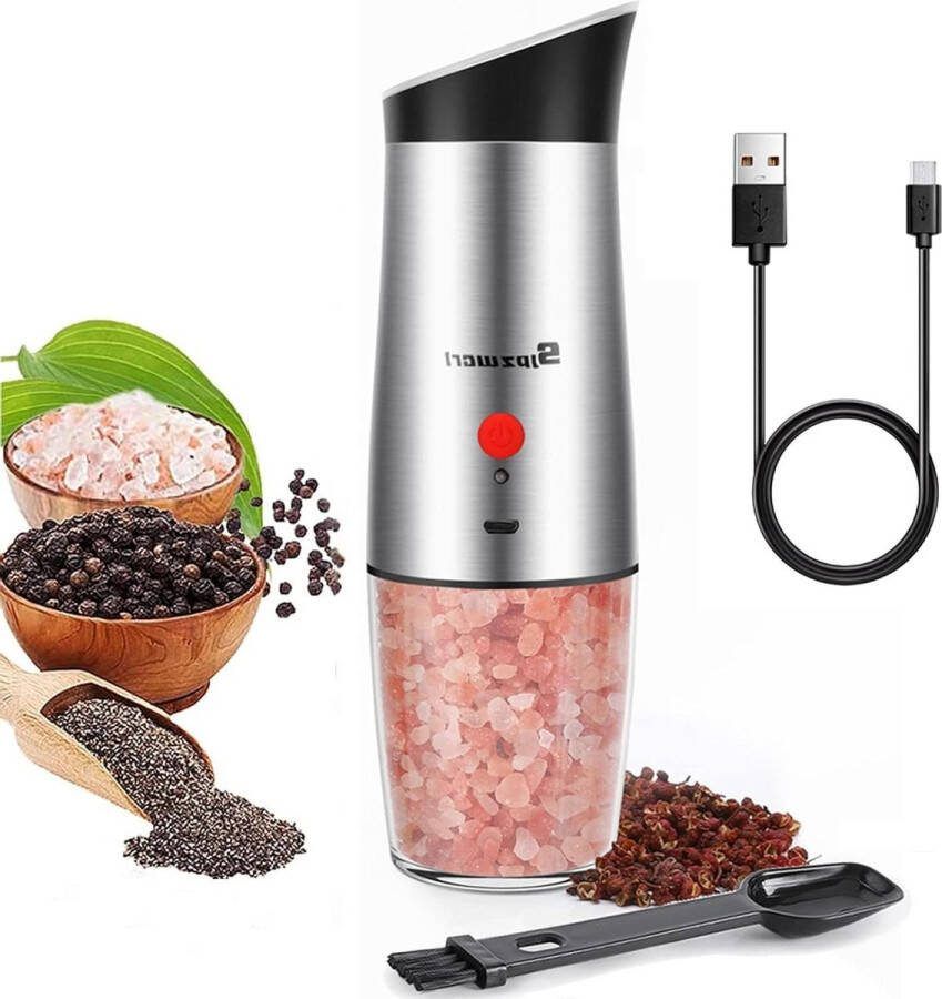 Automatische zwaartekrachtsensor Elektrische zoutmolen USB oplaadbaar instelbare grofheid éénhandige bediening met wit licht Thanksgiving kerstcadeaus Zilver