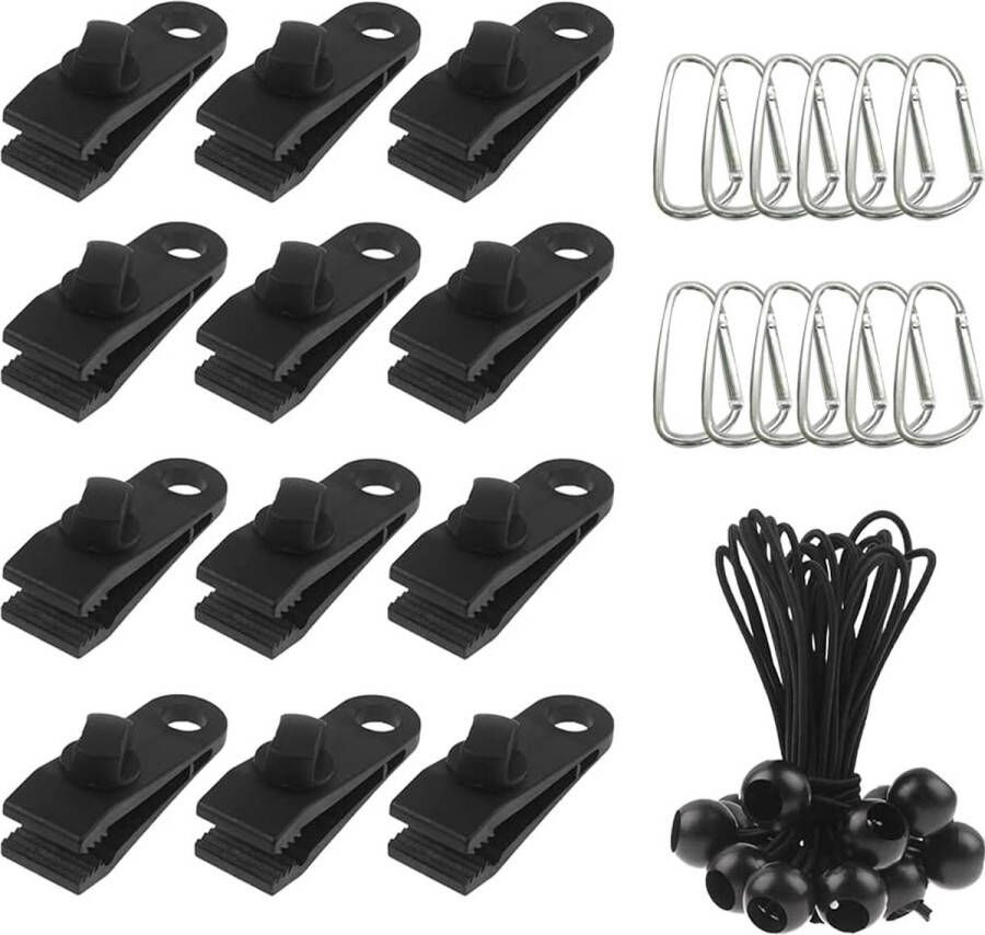 Awning Clamp 12 Pieces Tarpaulin Clips with Carabiner Heavy Duty Tarpaulin Clips Awning Accessories Tent Clamps Tarp Clips Set Tarp Clips Metal Tarpaulin Clips with Tensioner