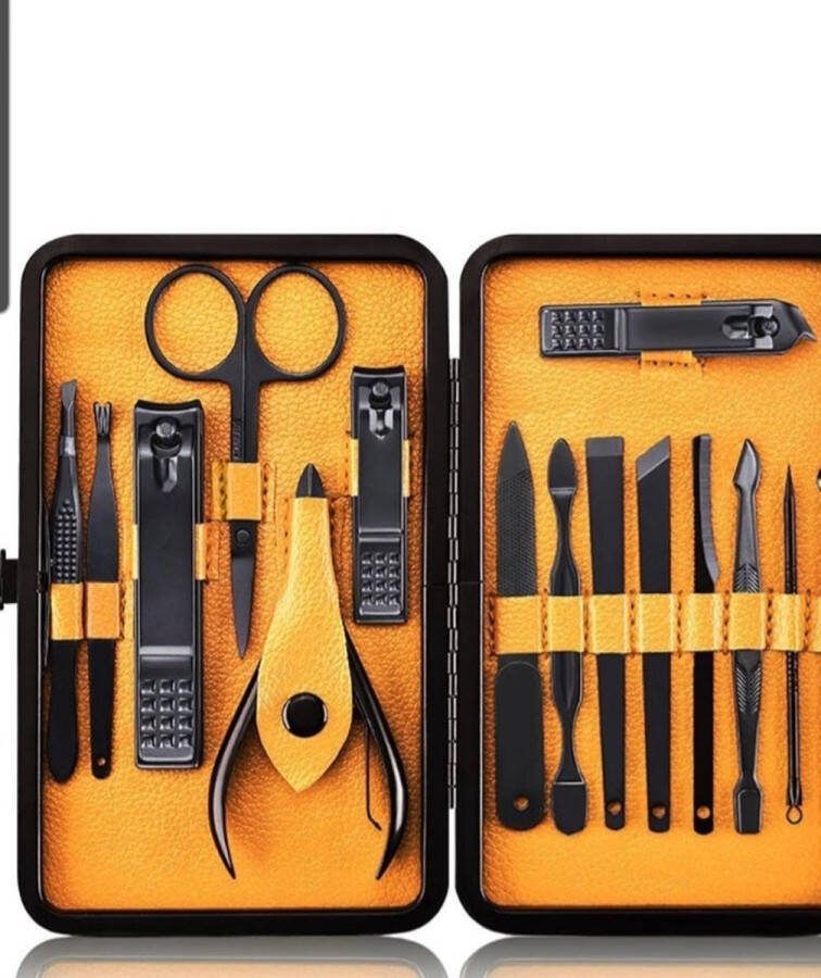 * AYASOUK * 15 set Manicure set Nagelknipper set Professioneel Roestvrijstalen pedicure set Nagel verzorging set van 15 stuks met koffer voor reizen (zwart geel)
