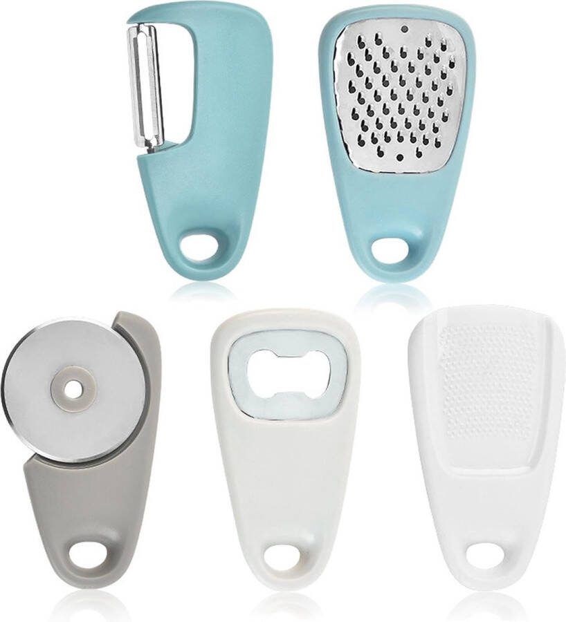 AYNKH 5 STKS Draagbare Keuken Gadgets Kaasrasp Flesopener Fruit Groente Dunschiller Pizza Cutter Knoflook Gember Grinder Roestvrij Staal Camping Accessoires Ruimtebesparend Gebruiksvoorwerp Set