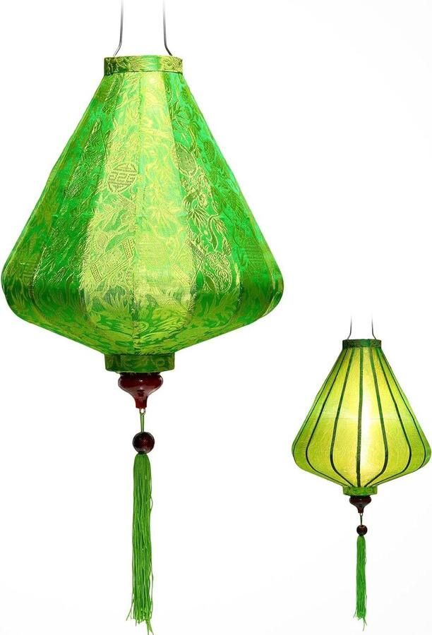 Aziatische zijde groene Lantaarn Ø 35 cm Kroonluchter hanglamp bamboe en hout Vietnam handwerk decoratie A25-V