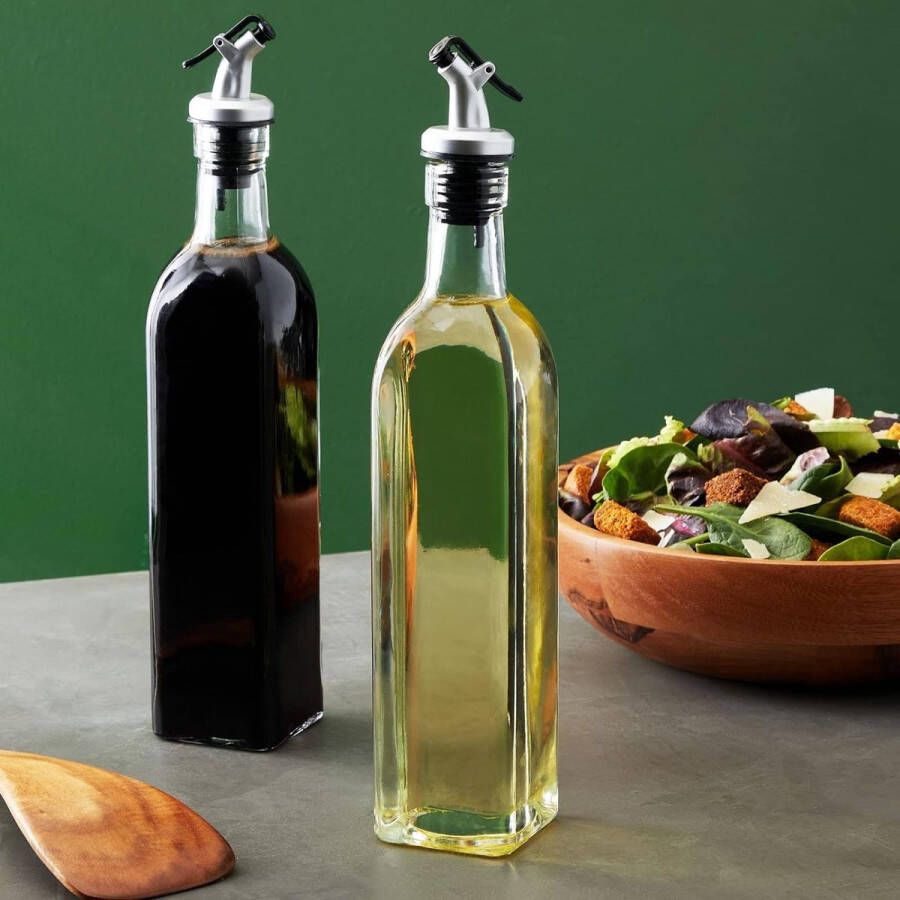 Azijn- en oliedispenserflessen (set van 2): flessen van hoogwaardig glas luchtdichte flessenstop en schenktuit met hendel om te openen elegant in de keuken op de tafel elk met 500 ml inhoud