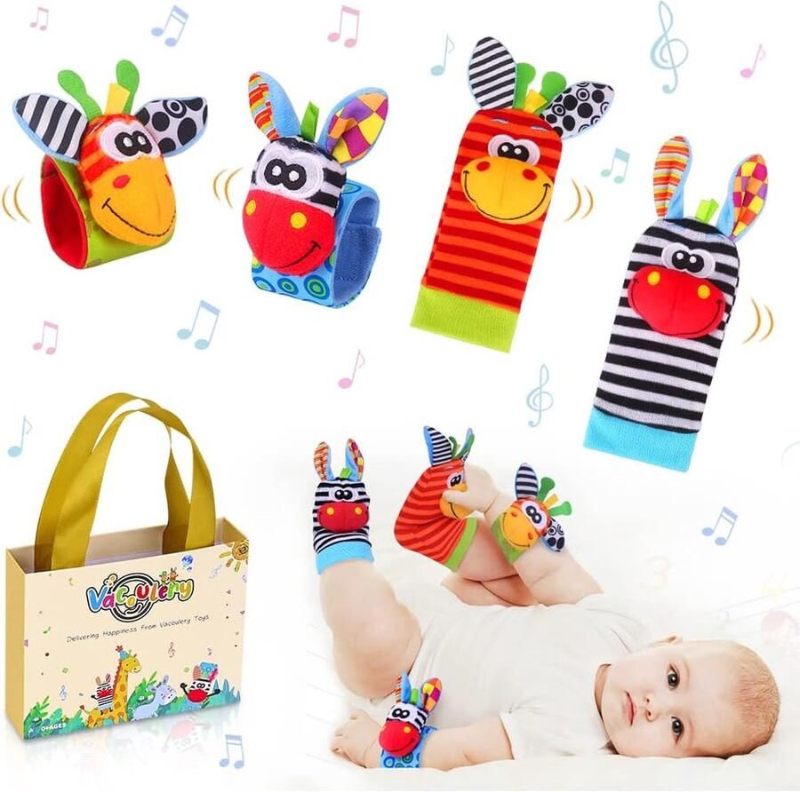 Babies toys Baby Pols Rammelaars & Voetzoeker Set Zacht Dier Baby Rammelaars Speelgoed voor Meer dan 0 maanden Babyontwikkeling 4 stuks