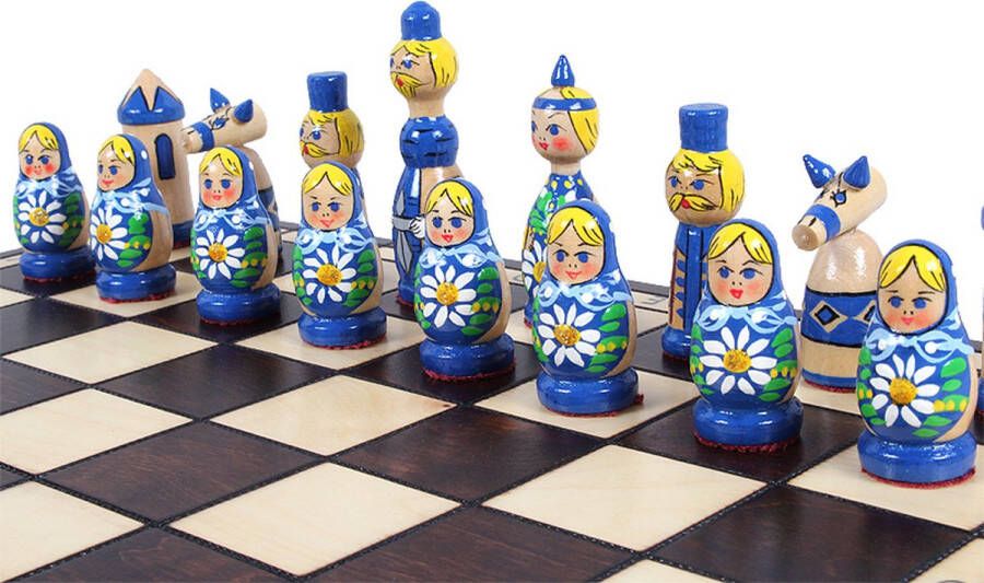 Babushka Blue schaakset Opklapbaar Decoratieve Schaakbord met Schaakstukken Koning 90mm Schaakbord 420x210