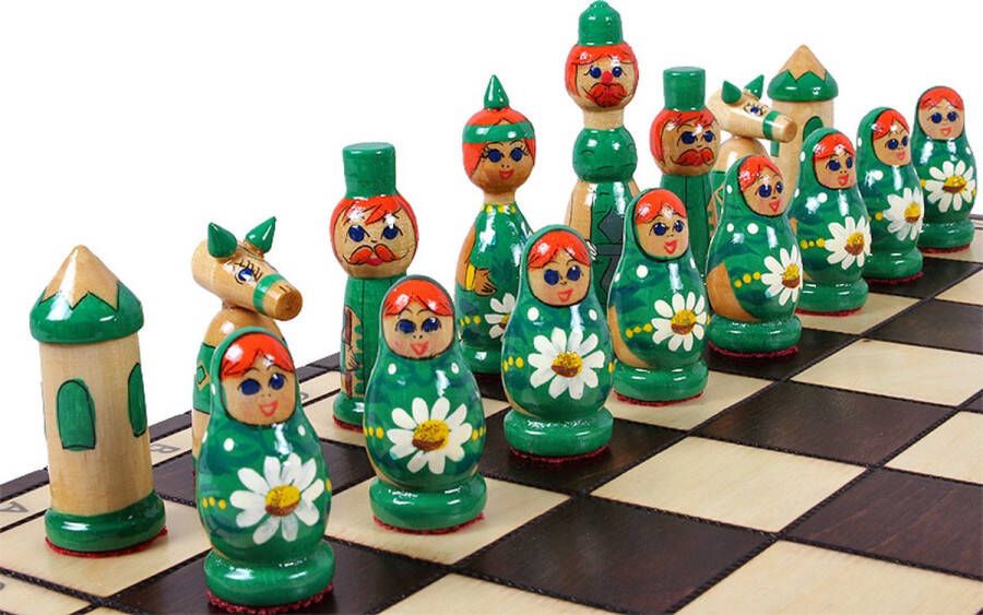 Chess.shop Babushka Green schaakset Opklapbaar Decoratieve Schaakbord met Schaakstukken Koning 90mm Schaakbord 420x210