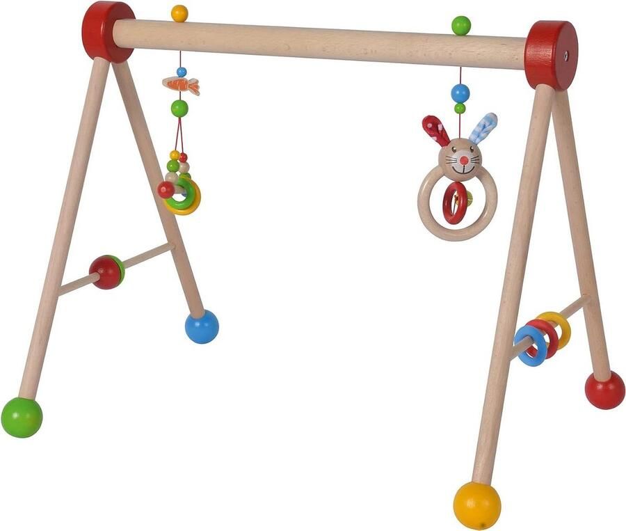 Baby Gym spel grijpfunctie speeltrapezium gekleurde hangelementen houten ballen beukenhout FSC 100% gecertificeerd 46x56x42 cm 3 maanden