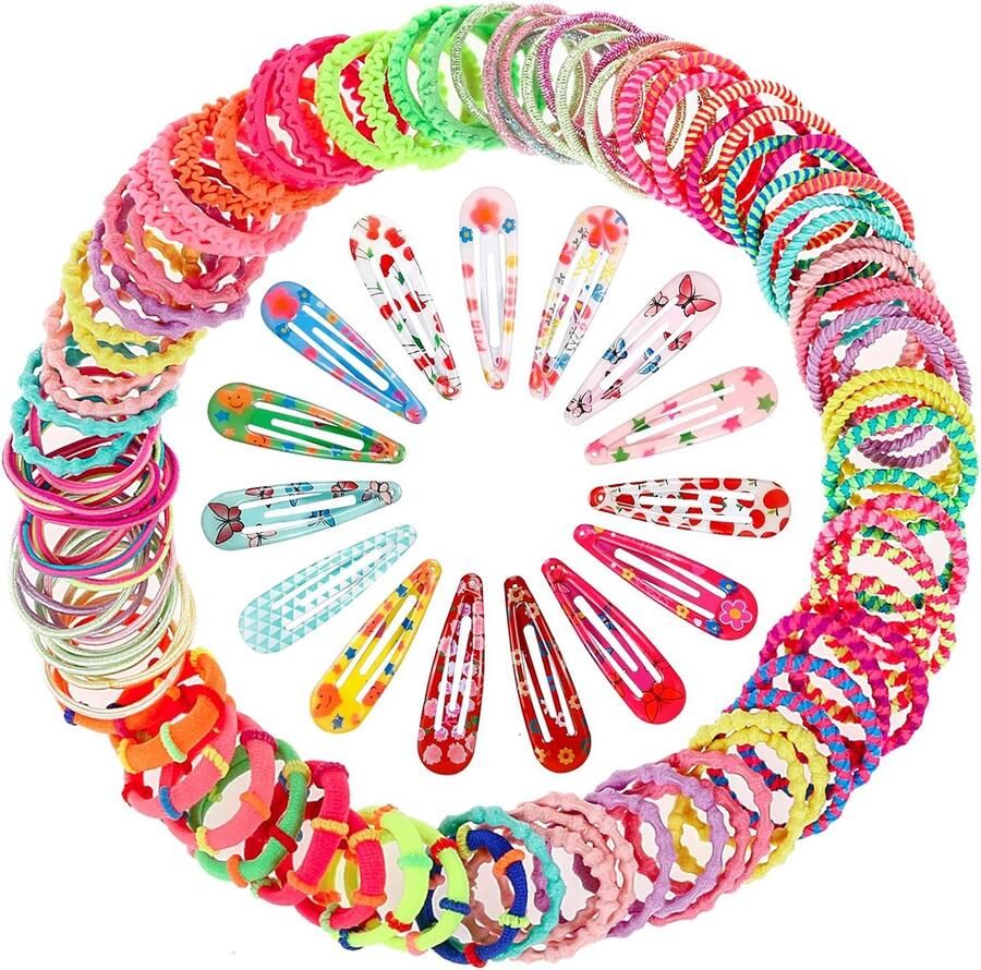 Baby Haarspeldjes Haarbanden 100 stks Elastische Baby Haarbanden en 30 stks Snap Meisjes Haarclips Meerkleurige Haarbanden Metalen Haaraccessoires voor Baby Meisjes Kids