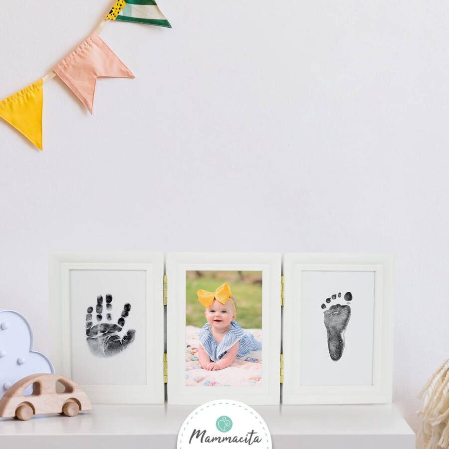 Baby handafdruk en voetafdruk set voor 0-6 maanden met veilige inkt en houten frame met 3 uitsparingen stempelkussen voor handafdruk baby en voetafdruk baby ideaal babycadeau
