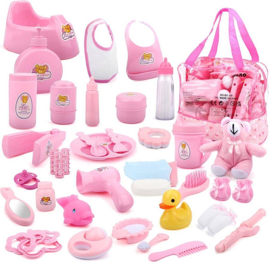 Baby Pop set 28x Accessoires Zak met Babyvoeding Accessoires Kleren Poppenbeer Badspeelgoed Fopspeenpop en Nog Veel Meer Groot Verzorgend Speelgoed voor kinderen!
