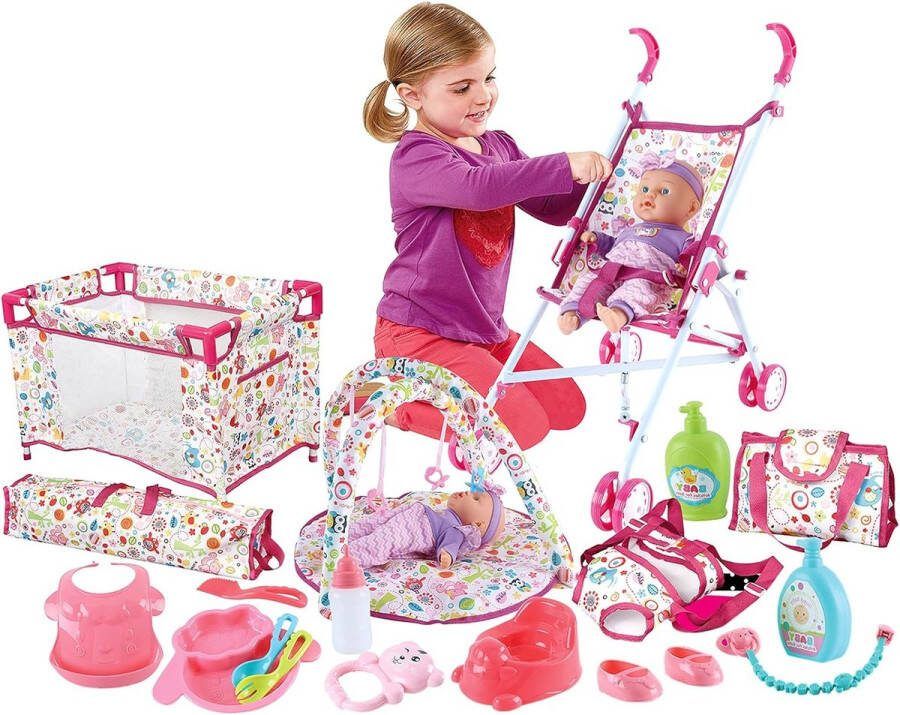 Baby pop Speelset 5-in-1 Rol Deluxe Speelset met speelmat kinderbed babydrager kinderwagen en reistas (pop niet inbegrepen)