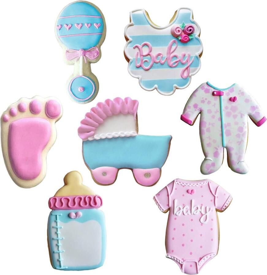 Baby Shower Cookie Cutter 7-delige set gemaakt in de VS door Ann Clark Onesie slabbetje rammelaar fles koets voet footie PJ's