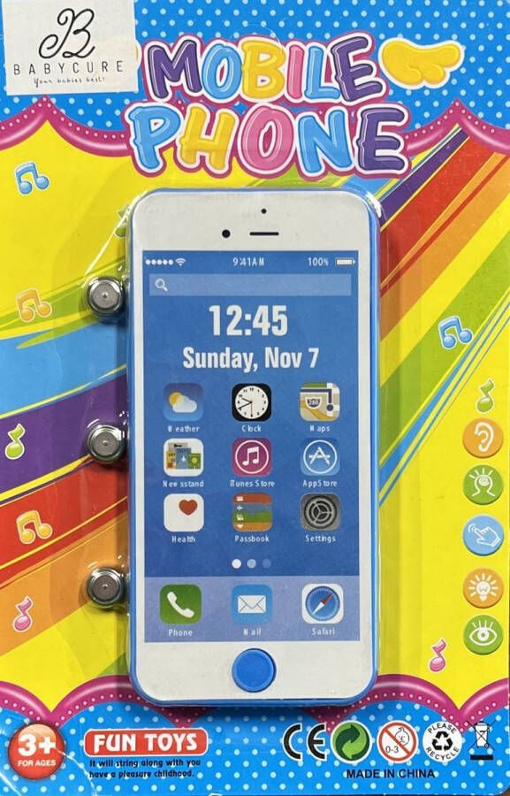 Babycure Blauw speelgoed mobiel iPhone Leerzaam speelgoed Educatieve telefoon Inclusief batterijen Leuk om kado te geven!
